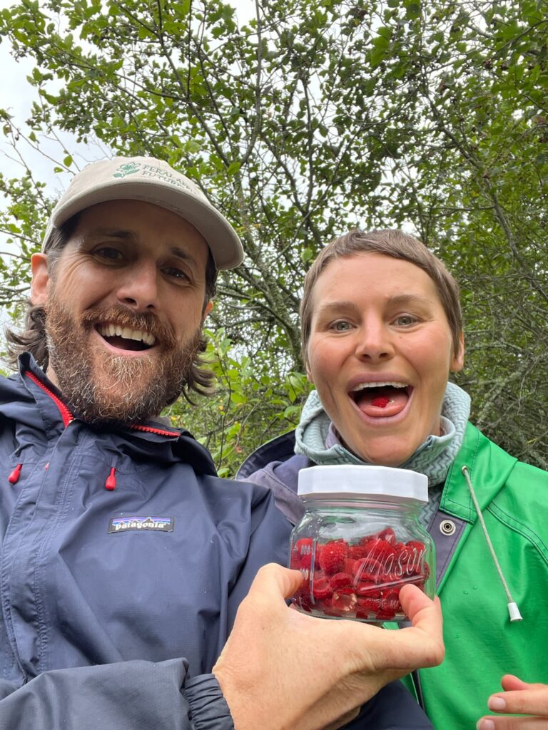 Andrew and Anna foraging thimbleberries the morning of their wedding.